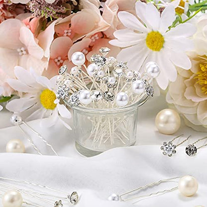 MTLEE 40 Pcs Rhinestone Hair Pins for Women - Silver Flower Pearl Decorative U Shape Diamond Wedding Hair Accessories for Prom, Brides, Bridesmaids