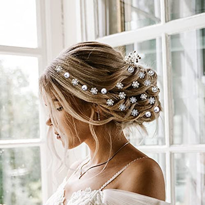 MTLEE 40 Pcs Rhinestone Hair Pins for Women - Silver Flower Pearl Decorative U Shape Diamond Wedding Hair Accessories for Prom, Brides, Bridesmaids