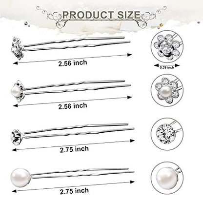 MTLEE 40 Pcs Rhinestone Hair Pins for Women - Silver Flower Pearl Decorative U Shape Diamond Wedding Hair Accessories for Prom, Brides, Bridesmaids