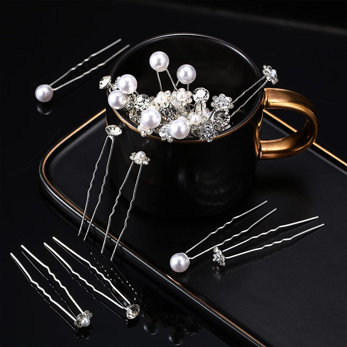 MTLEE 40 Pcs Rhinestone Hair Pins for Women - Silver Flower Pearl Decorative U Shape Diamond Wedding Hair Accessories for Prom, Brides, Bridesmaids - görsel 3