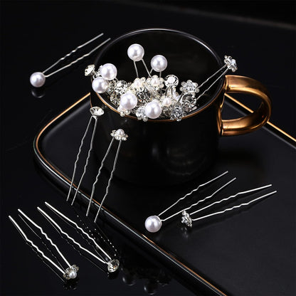 MTLEE 40 Pcs Rhinestone Hair Pins for Women - Silver Flower Pearl Decorative U Shape Diamond Wedding Hair Accessories for Prom, Brides, Bridesmaids