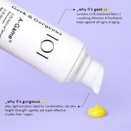 Geek & Gorgeous A-Game 10-0.1% Retinal Serum - High-Strength Anti-Aging Formula for All Skin Types, 1 oz