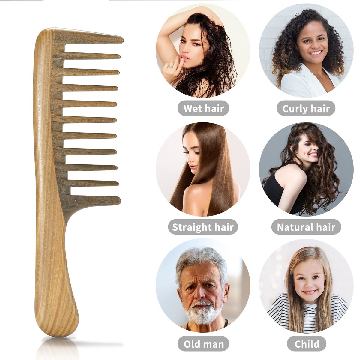 BESTOOL Wide Tooth Comb - Extra Large Natural Sandalwood Detangler for Curly, Long, Thick Hair - Anti-Static Avelisse