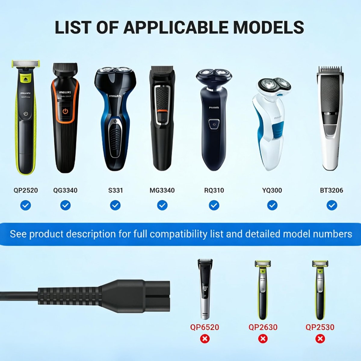 CGGXJP 4.3V Charger Compatible with Philips Norelco OneBlade (Old Model) A00390 QP2520 MG3740 QP2521 QP2522 QP2515 MG5700 MG3720 Electric Shaver Replacement Power Cord - görsel 8