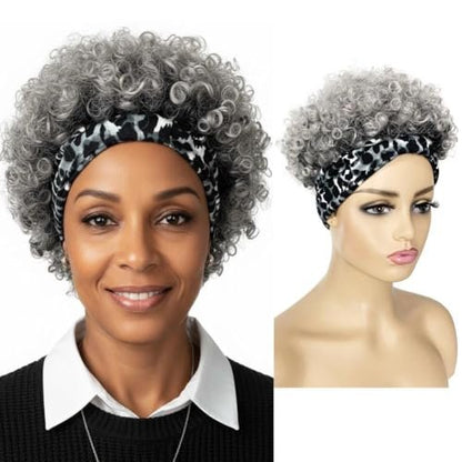 Allyreetress Afro Curly Wig with Headband for Black Women - Synthetic Kinky Puff, Short Drawstring Headwrap Hairstyle (T1B/Grey with Grey Leopard Headband)