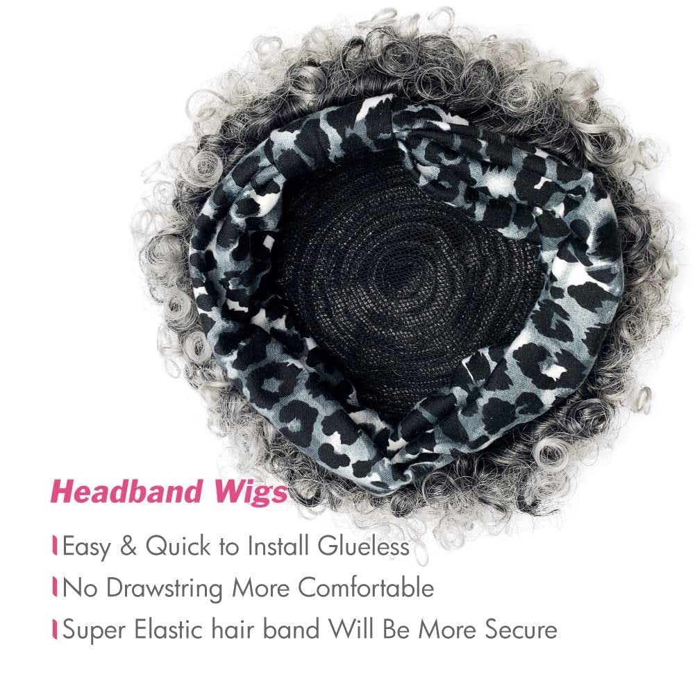 Allyreetress Afro Curly Wig with Headband for Black Women - Synthetic Kinky Puff, Short Drawstring Headwrap Hairstyle (T1B/Grey with Grey Leopard Headband) - görsel 9