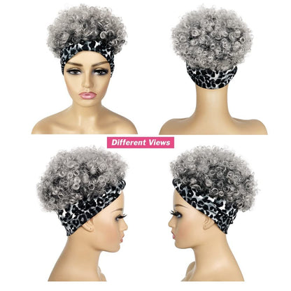 Allyreetress Afro Curly Wig with Headband for Black Women - Synthetic Kinky Puff, Short Drawstring Headwrap Hairstyle (T1B/Grey with Grey Leopard Headband)
