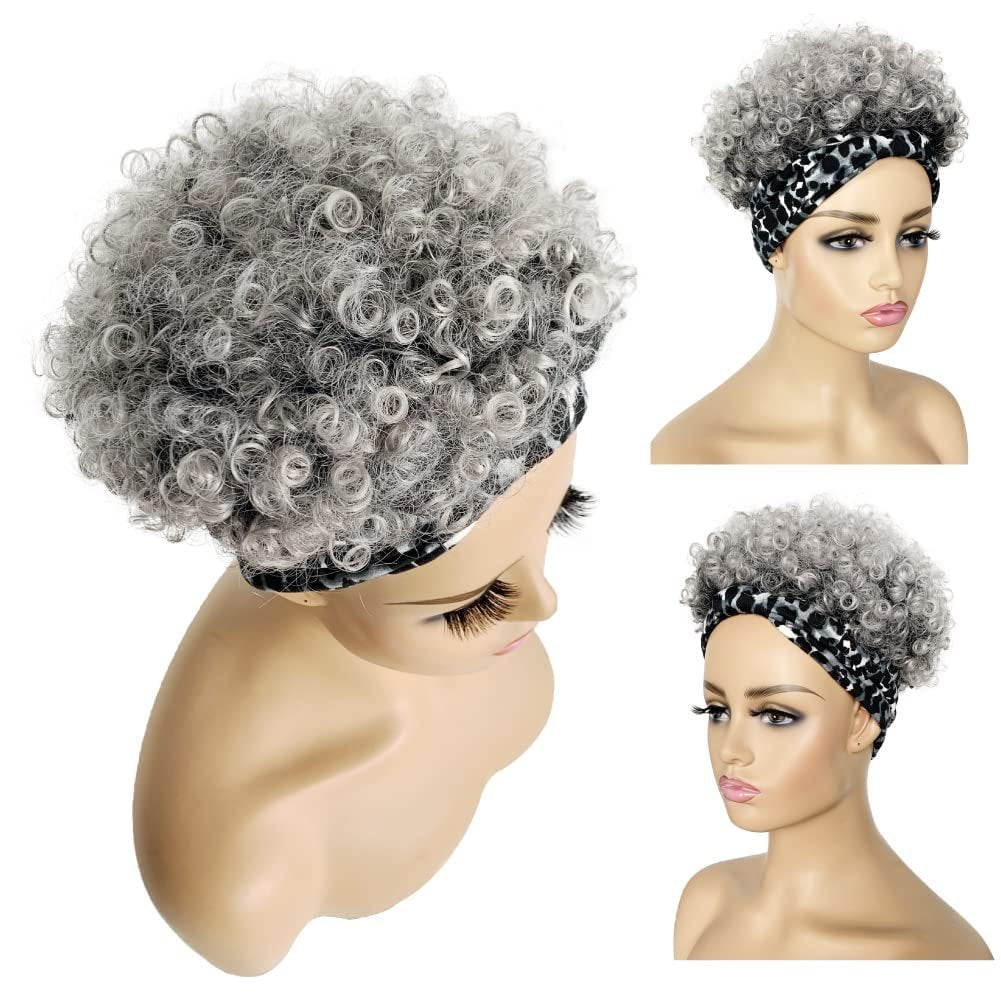 Allyreetress Afro Curly Wig with Headband for Black Women - Synthetic Kinky Puff, Short Drawstring Headwrap Hairstyle (T1B/Grey with Grey Leopard Headband) - görsel 5