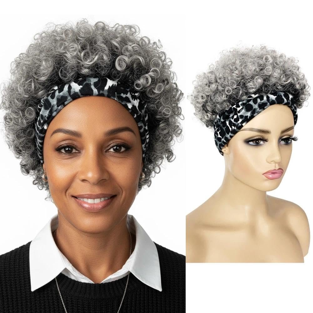 Allyreetress Afro Curly Wig with Headband for Black Women - Synthetic Kinky Puff, Short Drawstring Headwrap Hairstyle (T1B/Grey with Grey Leopard Headband) - görsel 1