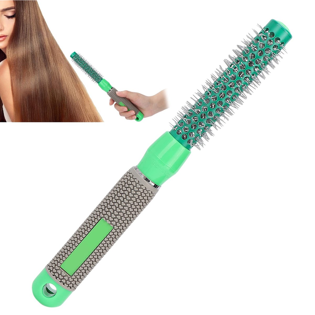 Yinhing Round Curling Comb - 3/4" Hair Curler Heat Round Brush with Wooden Handle for Styling Curls, Green - görsel 1