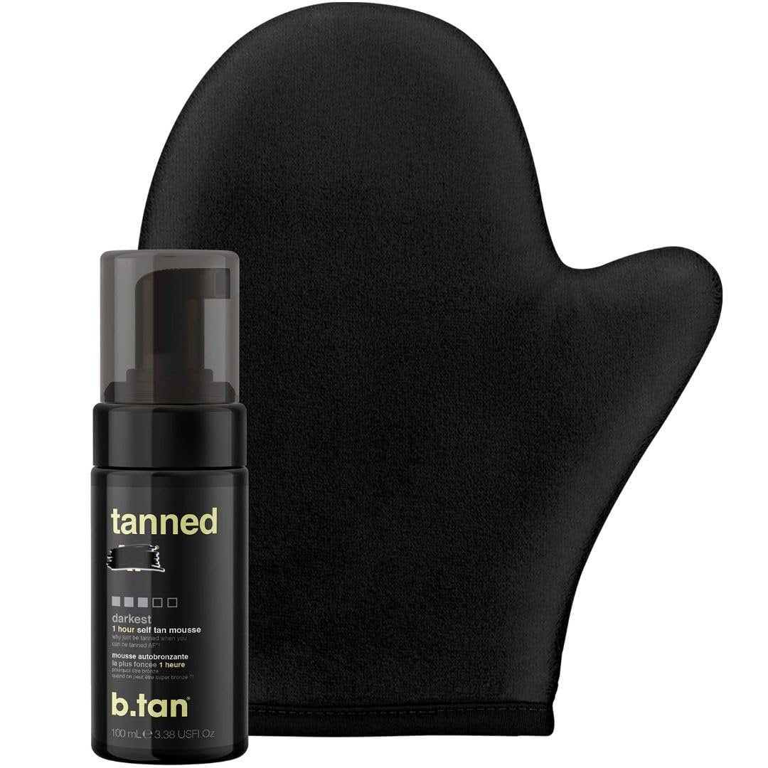 b.tan Travel Size Dark Self Tanner Kit – Mini Bundle with Dark Fake Tanning Mousse & Mitt, 1 Hour Express Sunless Foam, Vegan & Cruelty Free, 3 Fl Oz - görsel 1