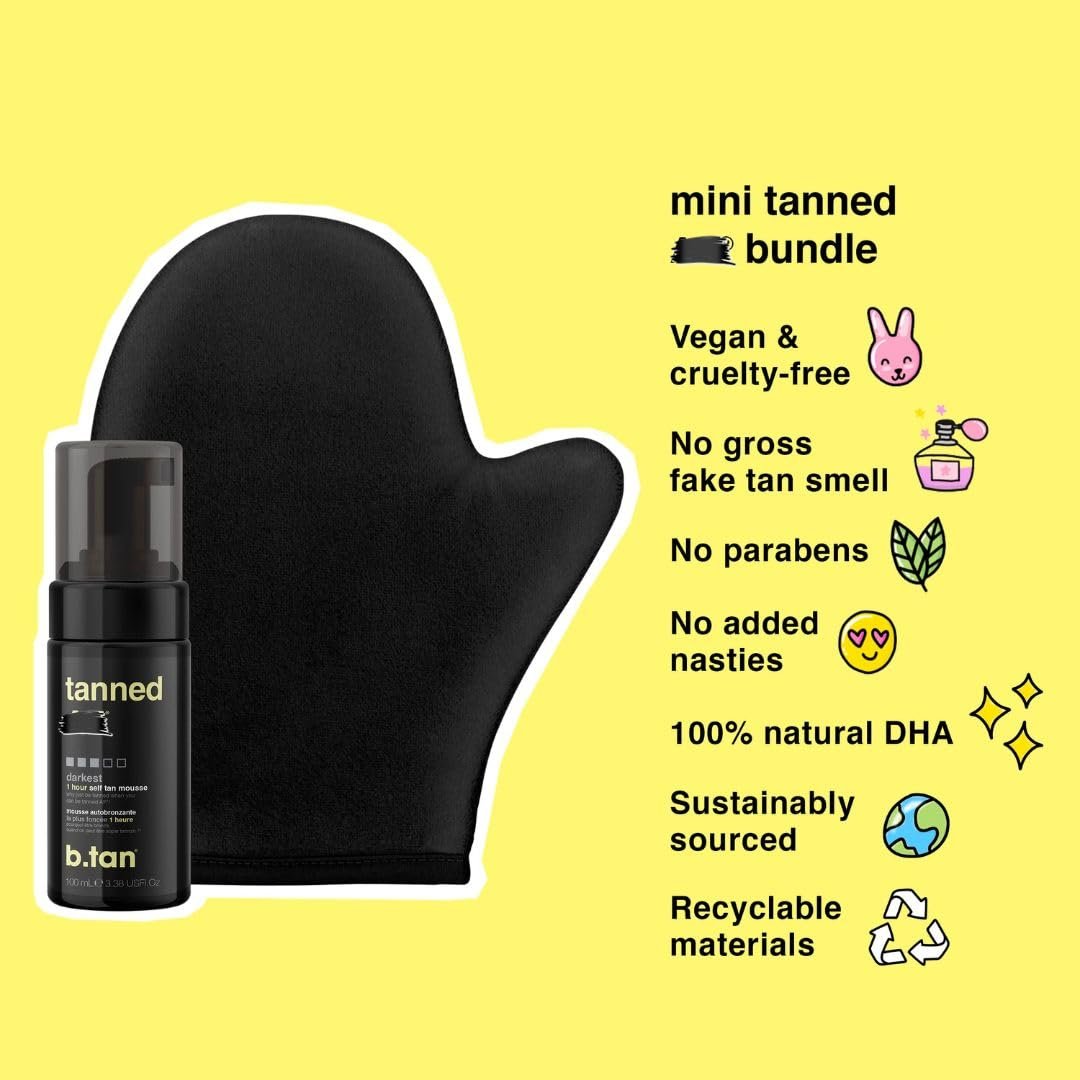 b.tan Travel Size Dark Self Tanner Kit – Mini Bundle with Dark Fake Tanning Mousse & Mitt, 1 Hour Express Sunless Foam, Vegan & Cruelty Free, 3 Fl Oz - görsel 5