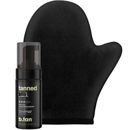 b.tan Travel Size Dark Self Tanner Kit – Mini Bundle with Dark Fake Tanning Mousse & Mitt, 1 Hour Express Sunless Foam, Vegan & Cruelty Free, 3 Fl Oz