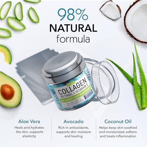 Collagen Cream for Face with Retinol - Anti Aging & Wrinkle Face Moisturizer - Day-Night Facial Moisturizer for Skin Firming & Tightening - Hyaluronic Acid & Vitamin E Care for Women & Men - 1.7oz Avelisse