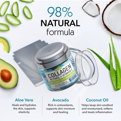 Collagen Cream for Face with Retinol - Anti Aging & Wrinkle Face Moisturizer - Day-Night Facial Moisturizer for Skin Firming & Tightening - Hyaluronic Acid & Vitamin E Care for Women & Men - 1.7oz Avelisse