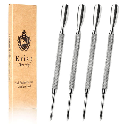 Professional Cuticle Pusher Tools - 4-Pack Stainless Steel Dual-Sided Nail Pusher and Remover Set by Krisp Beauty