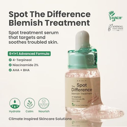 AXIS-Y Spot The Difference Blemish Spot Treatment - 4-Terpineol 2% Niacinamide AHA BHA Soothes Breakouts & Skin Barrier Repair - Vegan Korean Skin Care Face Serum (0.50 fl. oz.) Avelisse