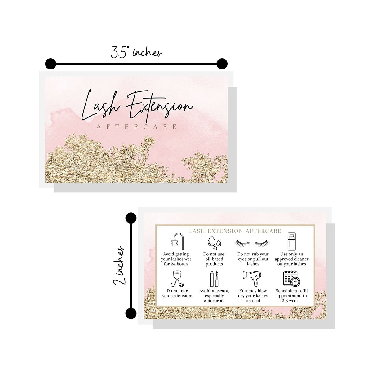 Lash Extension Aftercare Cards - 50 Pack Pink Watercolor & Gold Design Business Card Size for Eyelash Techs - görsel 7