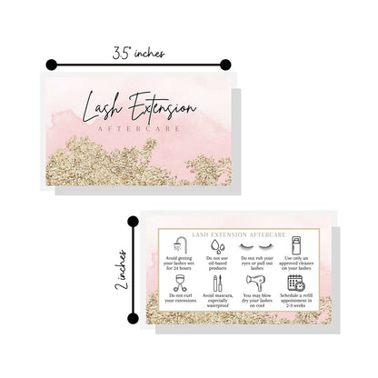 Lash Extension Aftercare Cards - 50 Pack Pink Watercolor & Gold Design Business Card Size for Eyelash Techs