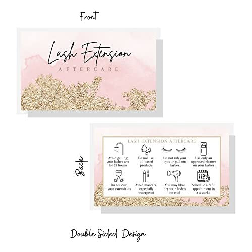 Lash Extension Aftercare Cards - 50 Pack Pink Watercolor & Gold Design Business Card Size for Eyelash Techs - görsel 10