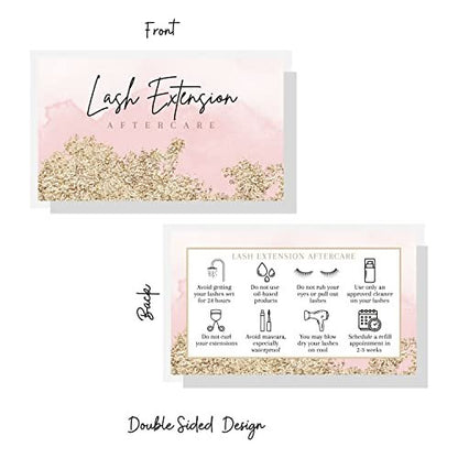 Lash Extension Aftercare Cards - 50 Pack Pink Watercolor & Gold Design Business Card Size for Eyelash Techs