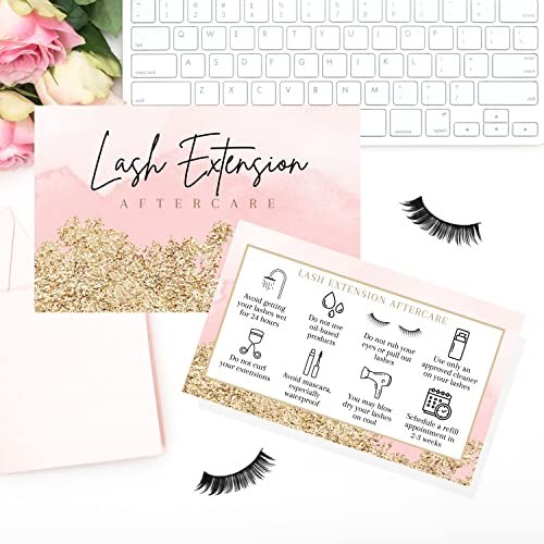 Lash Extension Aftercare Cards - 50 Pack Pink Watercolor & Gold Design Business Card Size for Eyelash Techs - görsel 16