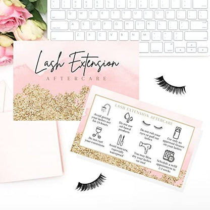 Lash Extension Aftercare Cards - 50 Pack Pink Watercolor & Gold Design Business Card Size for Eyelash Techs