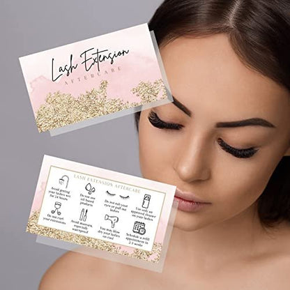 Lash Extension Aftercare Cards - 50 Pack Pink Watercolor & Gold Design Business Card Size for Eyelash Techs