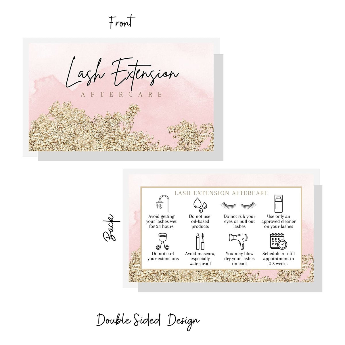 Lash Extension Aftercare Cards - 50 Pack Pink Watercolor & Gold Design Business Card Size for Eyelash Techs - görsel 9