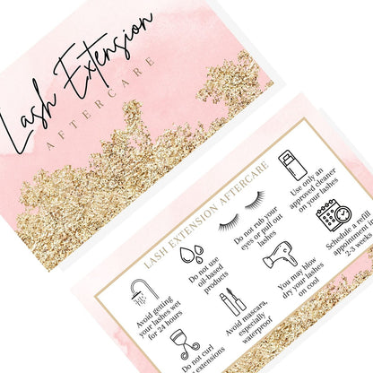 Lash Extension Aftercare Cards - 50 Pack Pink Watercolor & Gold Design Business Card Size for Eyelash Techs