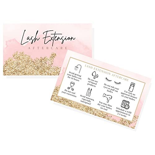 Lash Extension Aftercare Cards - 50 Pack Pink Watercolor & Gold Design Business Card Size for Eyelash Techs - görsel 2