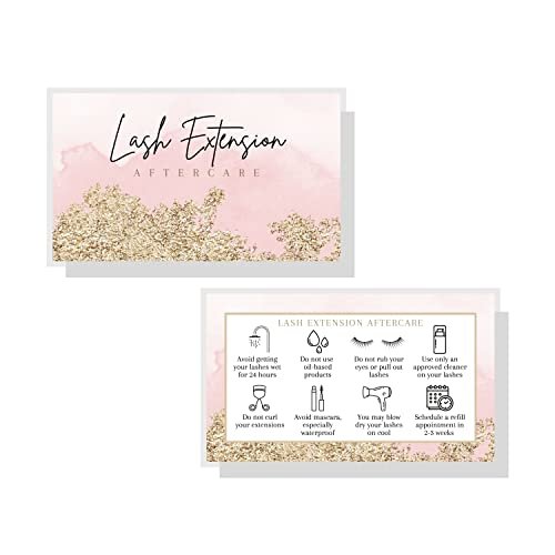 Lash Extension Aftercare Cards - 50 Pack Pink Watercolor & Gold Design Business Card Size for Eyelash Techs - görsel 6