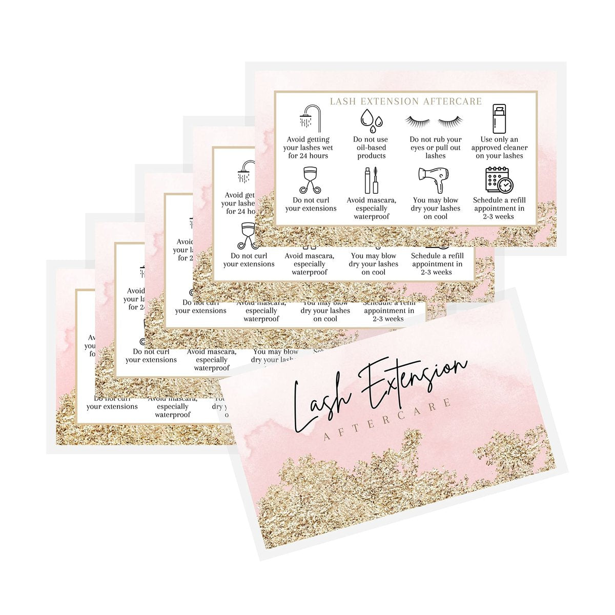 Lash Extension Aftercare Cards - 50 Pack Pink Watercolor & Gold Design Business Card Size for Eyelash Techs - görsel 11