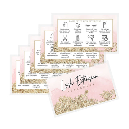 Lash Extension Aftercare Cards - 50 Pack Pink Watercolor & Gold Design Business Card Size for Eyelash Techs