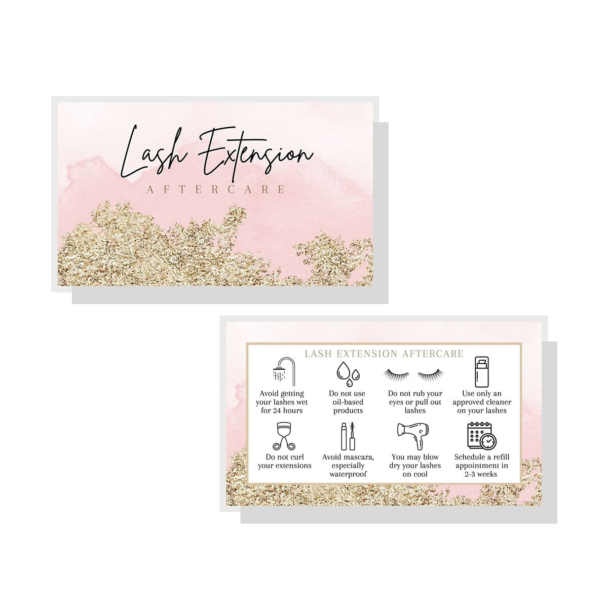 Lash Extension Aftercare Cards - 50 Pack Pink Watercolor & Gold Design Business Card Size for Eyelash Techs - görsel 5