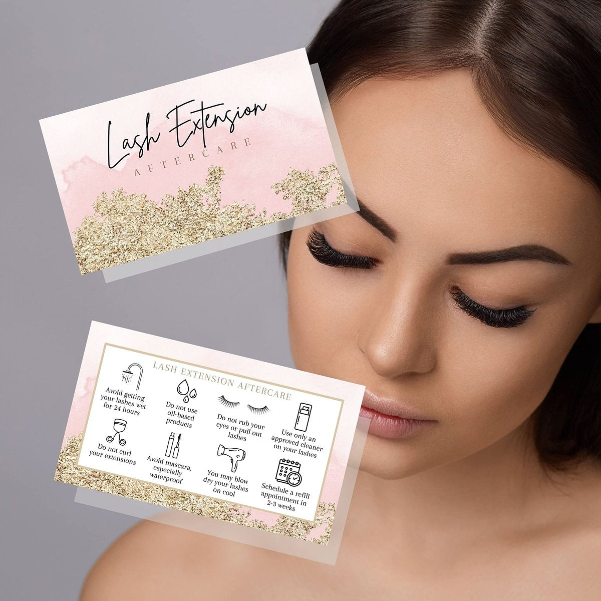 Lash Extension Aftercare Cards - 50 Pack Pink Watercolor & Gold Design Business Card Size for Eyelash Techs - görsel 13