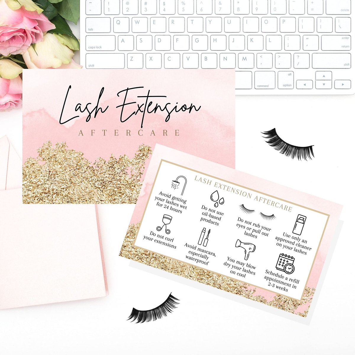 Lash Extension Aftercare Cards - 50 Pack Pink Watercolor & Gold Design Business Card Size for Eyelash Techs - görsel 15