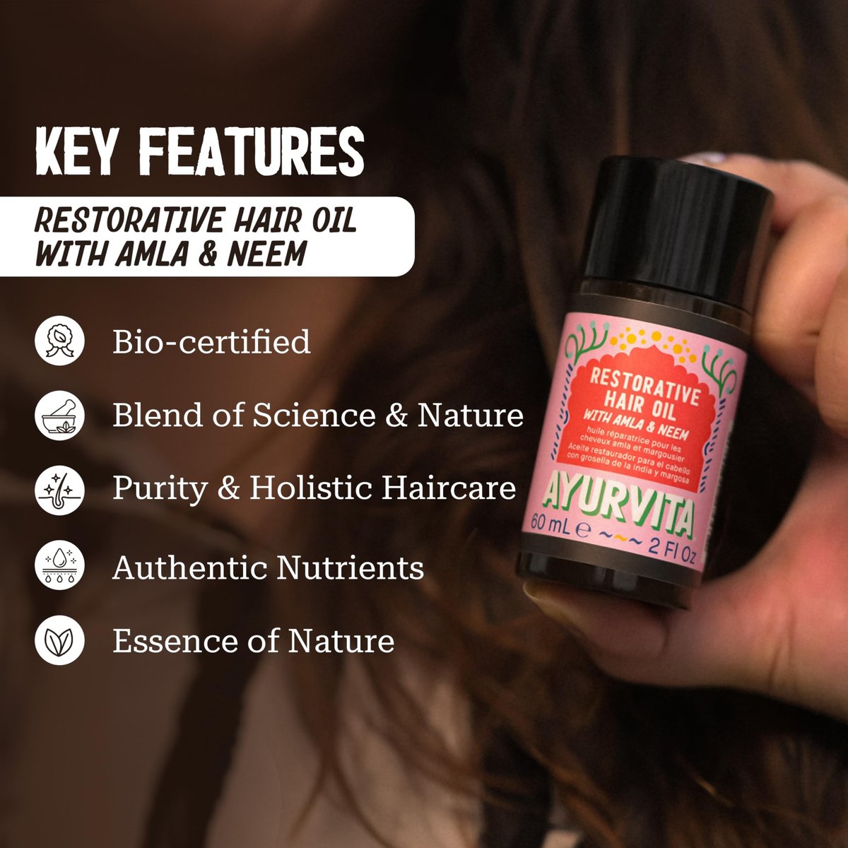 AyurVita Restorative Hair Oil - Amla & Neem for Strengthening, Dryness & Dandruff - Promotes Hair Growth - Men & Women - 2 fl oz - görsel 3