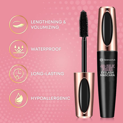 Neenoxtub 4D Silk Fiber Lash Mascara – Lengthening & Thickening, Waterproof, Smudge-Proof, Hypoallergenic (2-Pack, Black)