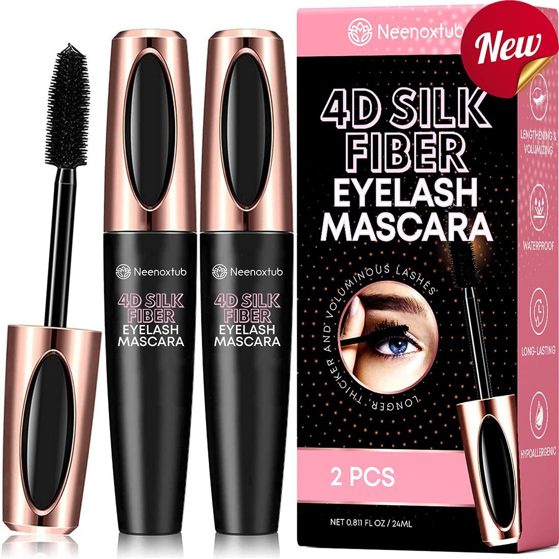 Neenoxtub 4D Silk Fiber Lash Mascara – Lengthening & Thickening, Waterproof, Smudge-Proof, Hypoallergenic (2-Pack, Black) - görsel 11