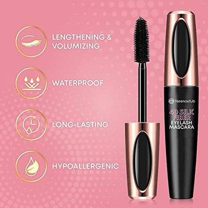 Neenoxtub 4D Silk Fiber Lash Mascara – Lengthening & Thickening, Waterproof, Smudge-Proof, Hypoallergenic (2-Pack, Black)