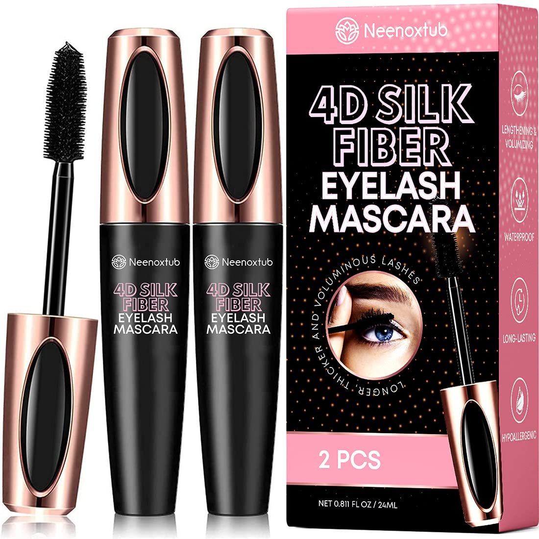 Neenoxtub 4D Silk Fiber Lash Mascara – Lengthening & Thickening, Waterproof, Smudge-Proof, Hypoallergenic (2-Pack, Black) - görsel 1
