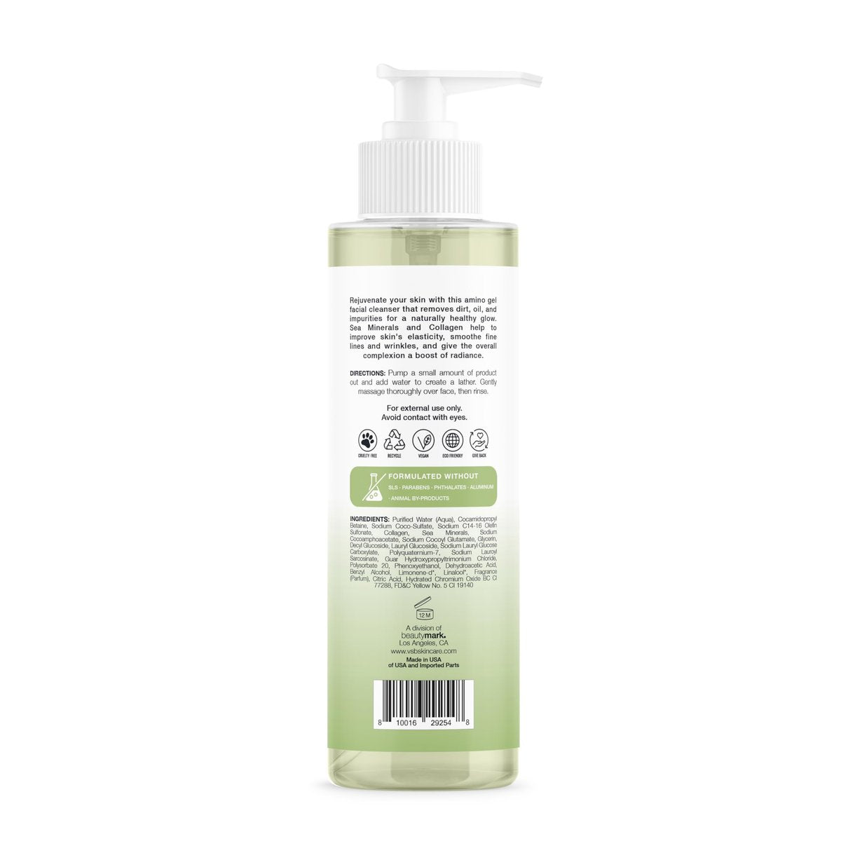 Amino Gel Facial Cleanser with Sea Minerals & Collagen – Radiance, Oil Control, and Elasticity – Vegan, Paraben-Free, 8 fl oz Avelisse