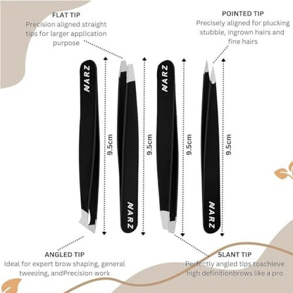 NARZ 4-Piece Professional Stainless Steel Tweezers Set for Women & Men – Precision Eyebrow & Ingrown Hair Tweezers (Black)