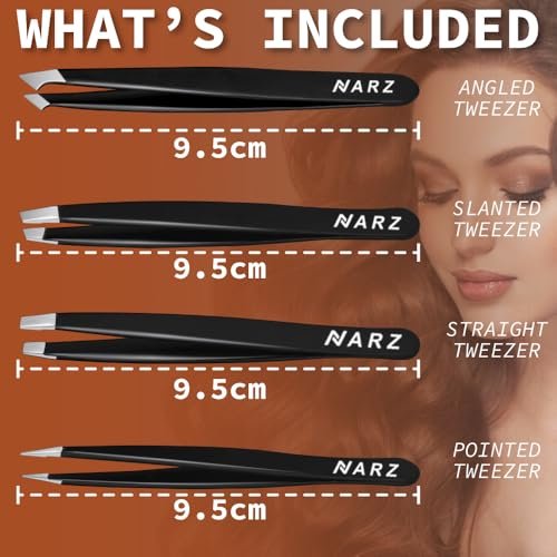 NARZ 4-Piece Professional Stainless Steel Tweezers Set for Women & Men – Precision Eyebrow & Ingrown Hair Tweezers (Black) - görsel 4