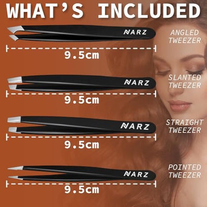 NARZ 4-Piece Professional Stainless Steel Tweezers Set for Women & Men – Precision Eyebrow & Ingrown Hair Tweezers (Black)