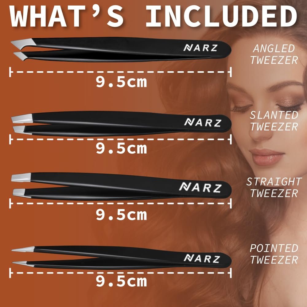 NARZ 4-Piece Professional Stainless Steel Tweezers Set for Women & Men – Precision Eyebrow & Ingrown Hair Tweezers (Black) - görsel 3