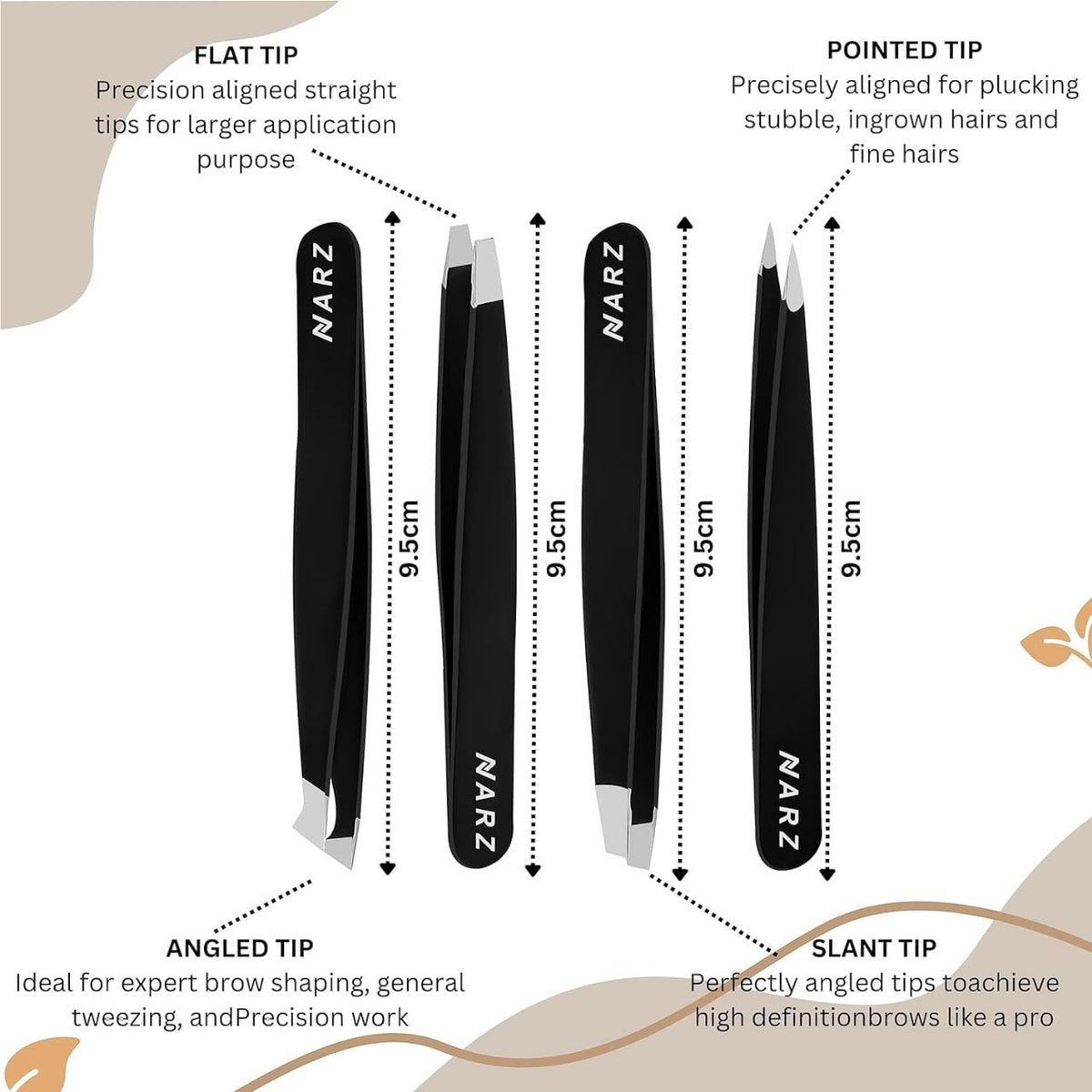 NARZ 4-Piece Professional Stainless Steel Tweezers Set for Women & Men – Precision Eyebrow & Ingrown Hair Tweezers (Black) - görsel 5