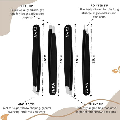 NARZ 4-Piece Professional Stainless Steel Tweezers Set for Women & Men – Precision Eyebrow & Ingrown Hair Tweezers (Black)