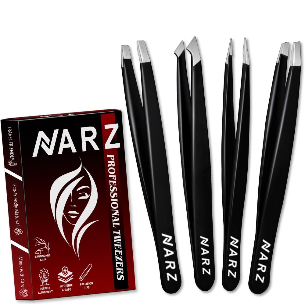 NARZ 4-Piece Professional Stainless Steel Tweezers Set for Women & Men – Precision Eyebrow & Ingrown Hair Tweezers (Black) - görsel 1